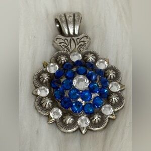 Western Style Silver-Tone Floral Concho Pendant with Blue and Clear Crystals